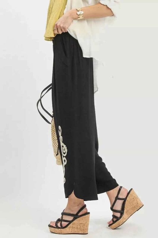 Black Linen Embroidered Wide-Leg Boho Pants with Pockets by Umgee Side View