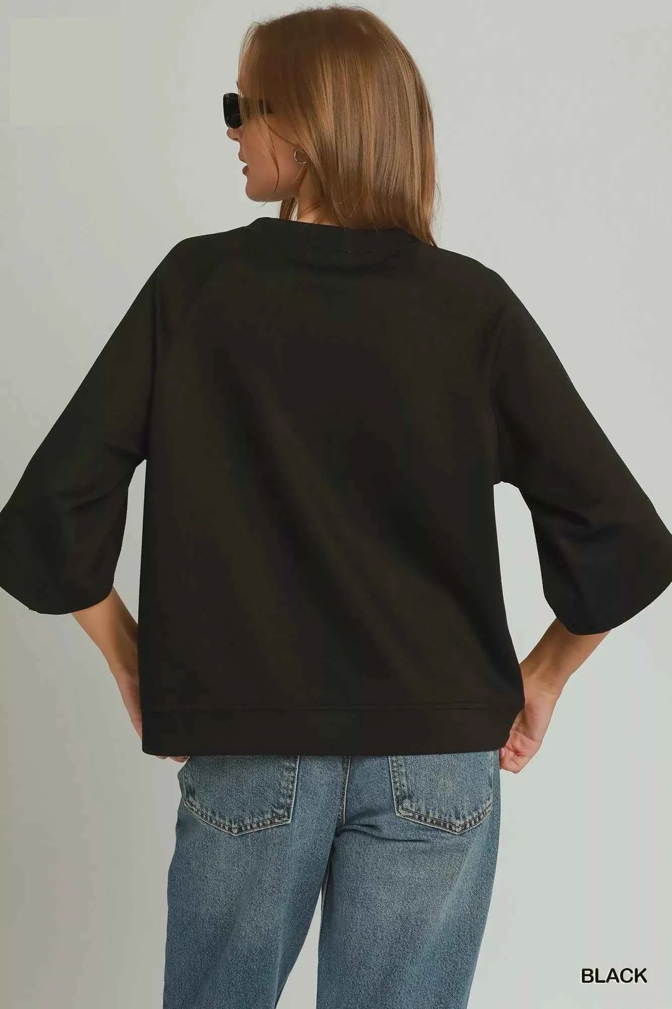Black Luxe Knit Round Hem Raglan 3/4 Sleeve Top by Umgee Back View