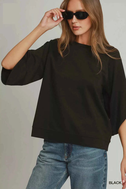 Black Luxe Knit Round Hem Raglan 3/4 Sleeve Top by Umgee Front View
