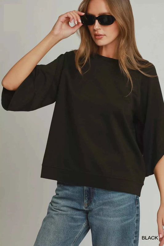 Black Luxe Knit Round Hem Raglan 3/4 Sleeve Top by Umgee Front View