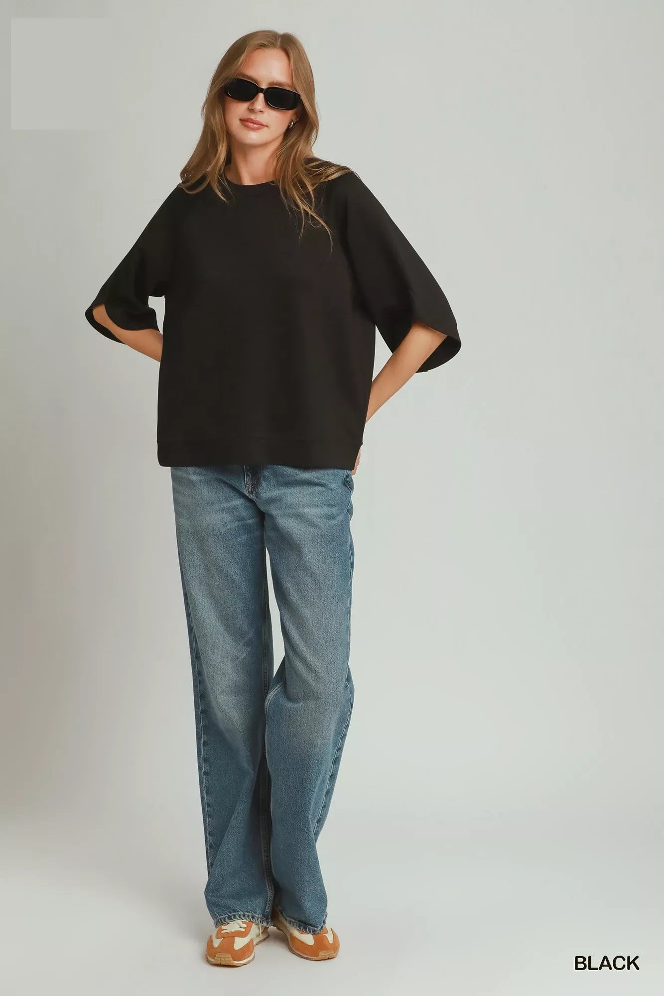 Black Luxe Knit Round Hem Raglan 3/4 Sleeve Top by Umgee Full View