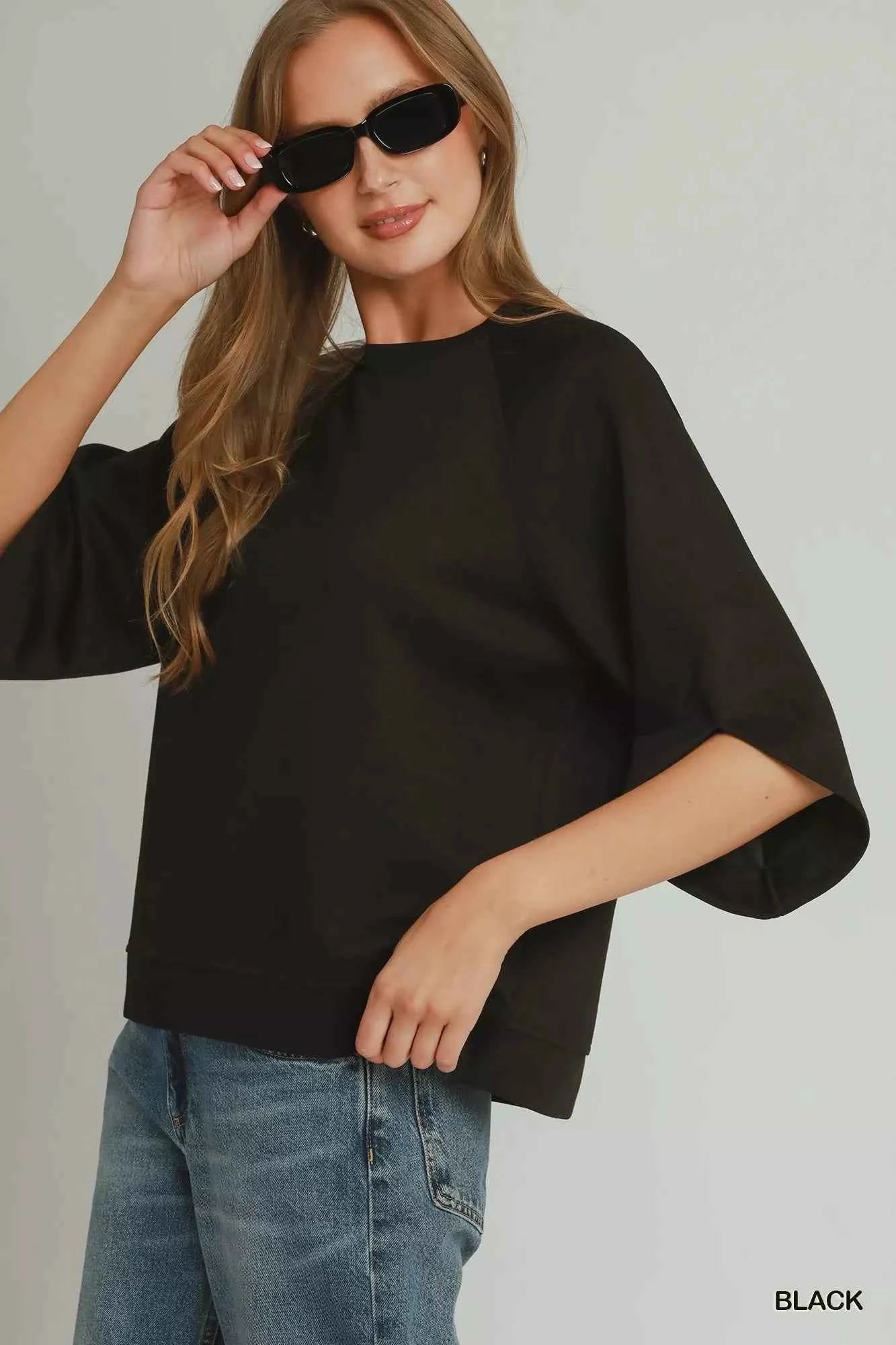 Black Luxe Knit Round Hem Raglan 3/4 Sleeve Top by Umgee Side View