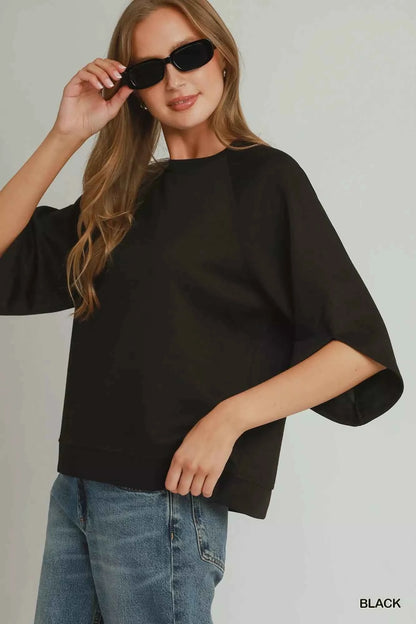 Black Luxe Knit Round Hem Raglan 3/4 Sleeve Top by Umgee Side View