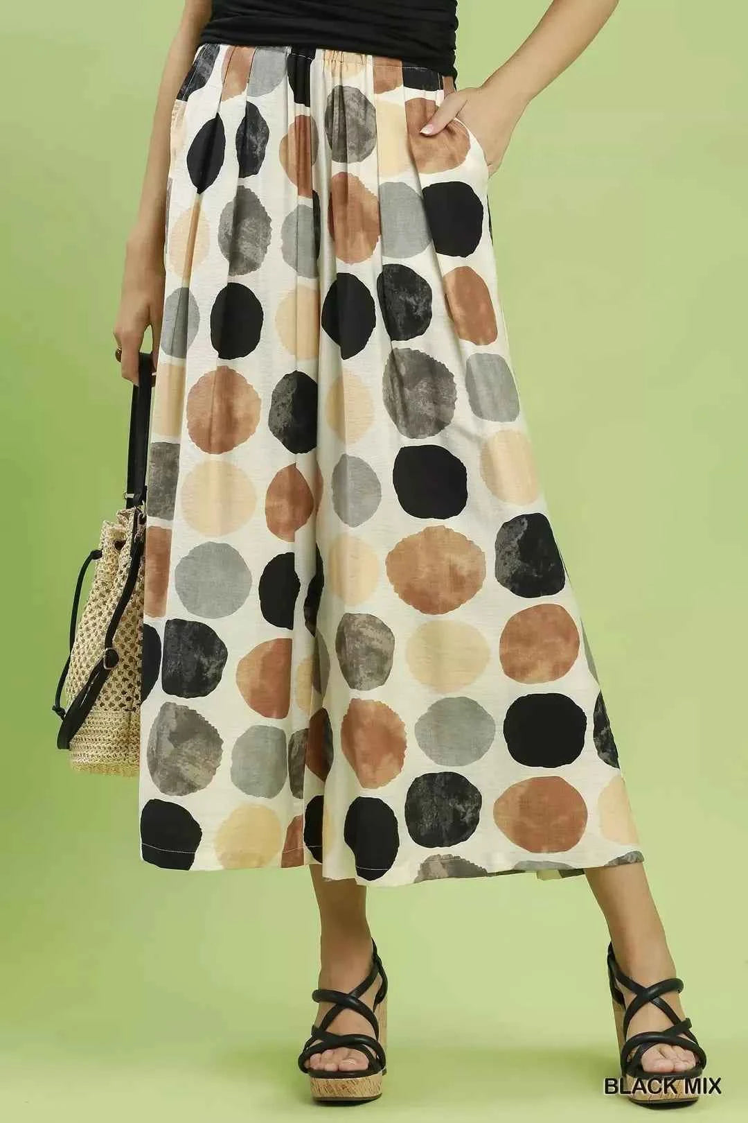 Black Mix Dot Print Wide Leg Pants with Pockets by Umgee