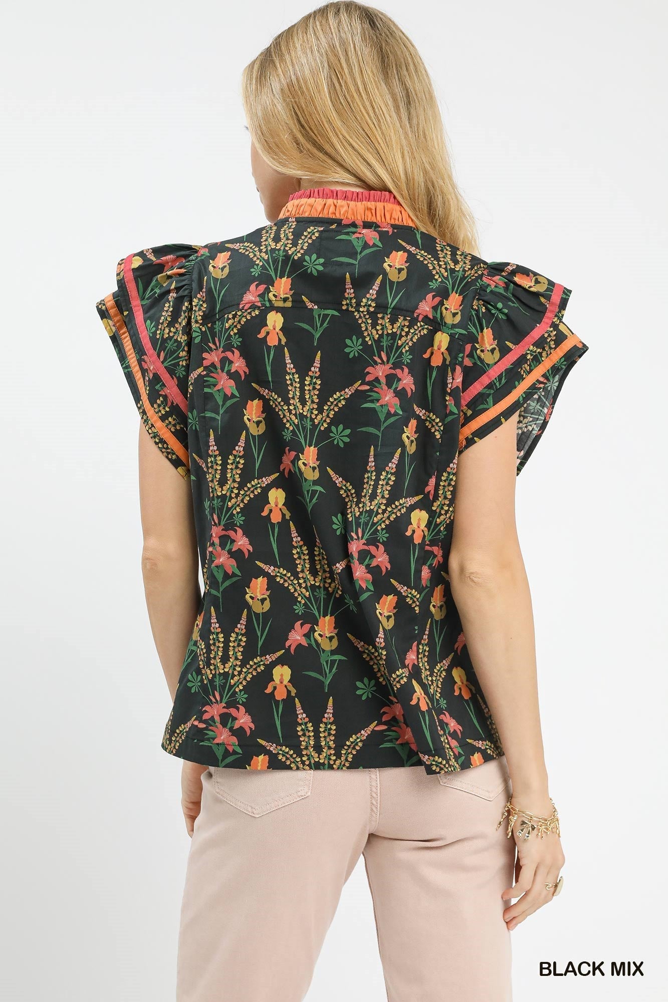 Black Mix Floral Print Blouse with Contrast Trim by Umgee Back View