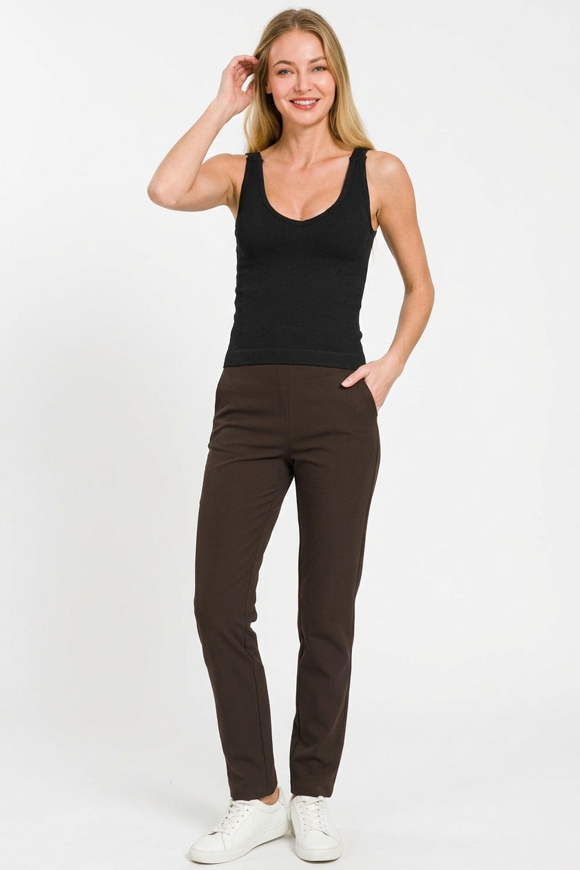 Black Ribbed Seamless Bra Padded V-neck Tank Top by Zenana with jeans