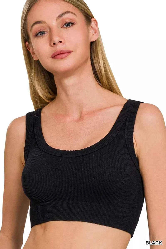 Black Seamless Ribbed Scoop Neck Cropped Tank by Zenana