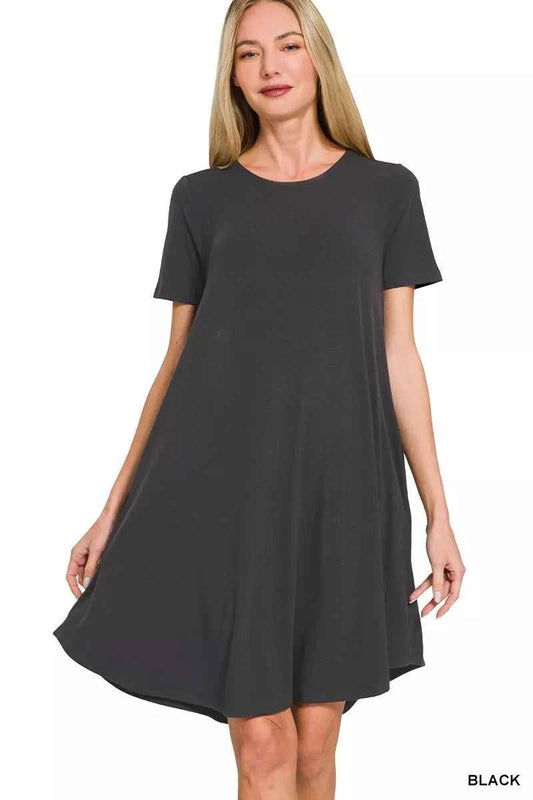 Black Short Sleeve Round Hem A-Line Dress with Side Pockets by Zenana