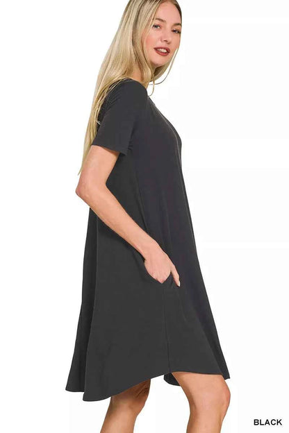 Black Short Sleeve Round Hem A-Line Dress with Side Pockets by Zenana