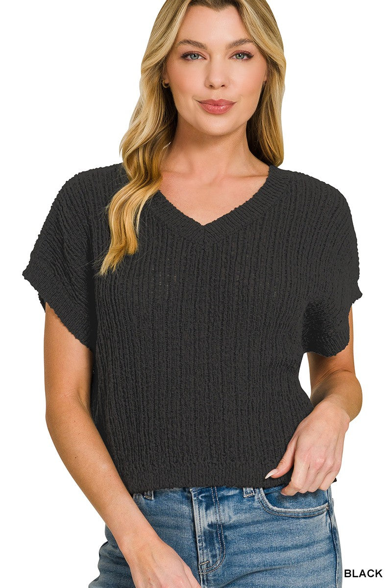 Black Textured Knit V-Neck Cropped Short Sleeve Sweater by Zenana 
Front View