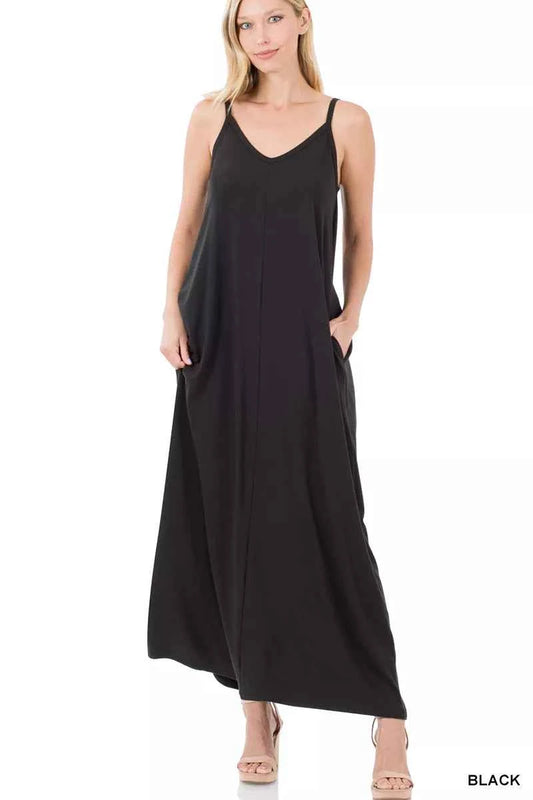 Black V-Neck Cami Maxi Dress with Side Pockets by Zenana