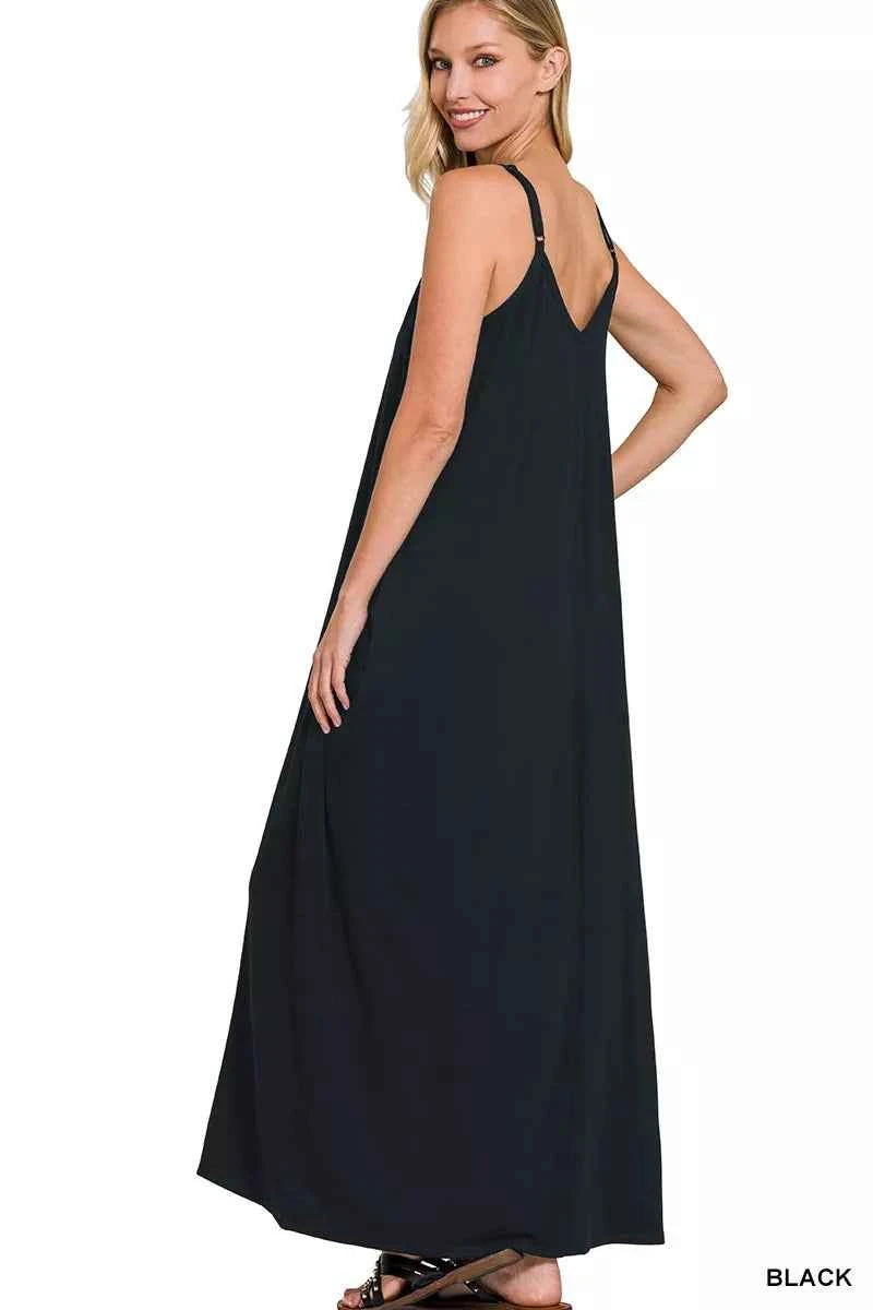 Black V-Neck Cami Maxi Dress with Side Pockets by Zenana