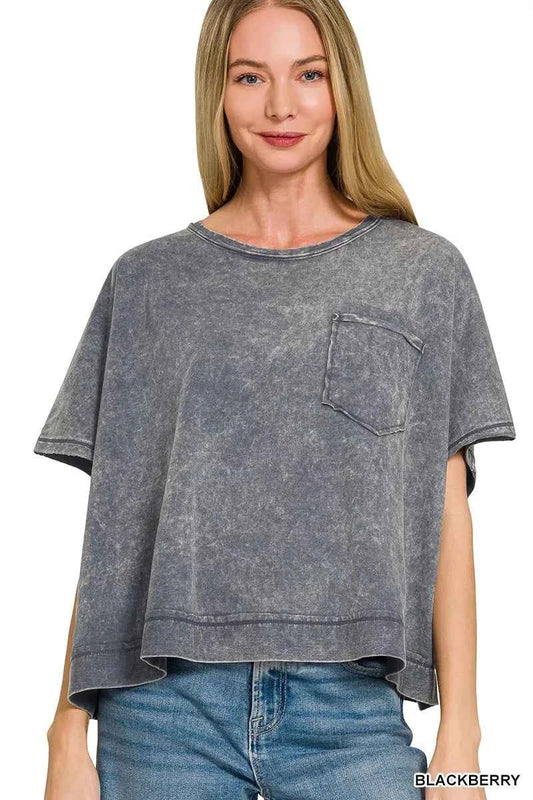 Blackberry Acid Washed Round Neck Short Sleeve Oversized T-Shirt by Zenana Front View