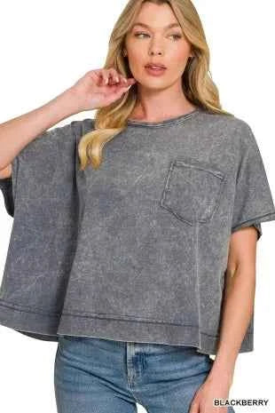 Blackberry Acid Washed Round Neck Short Sleeve Oversized T-Shirt by Zenana Front View 2
