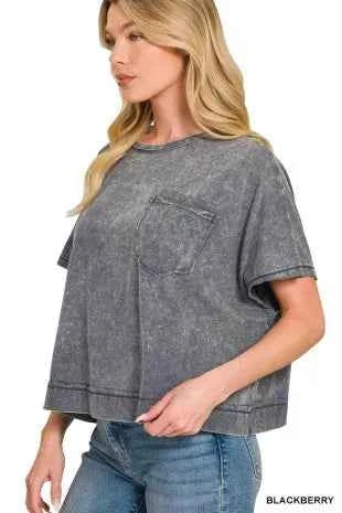 Blackberry Acid Washed Round Neck Short Sleeve Oversized T-Shirt by Zenana Side View