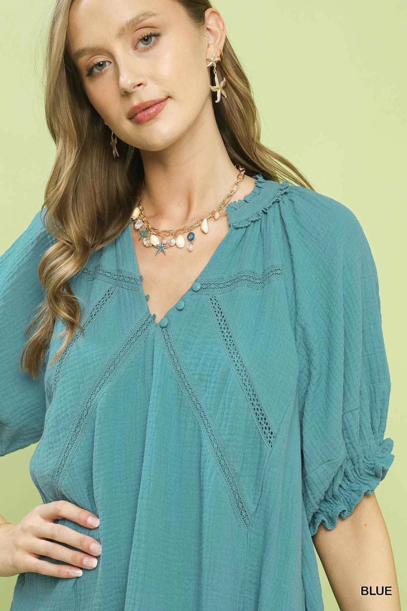 Blue Cotton Gauze Mini Dress by Umgee