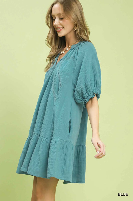 Blue Cotton Gauze Mini Dress by Umgee