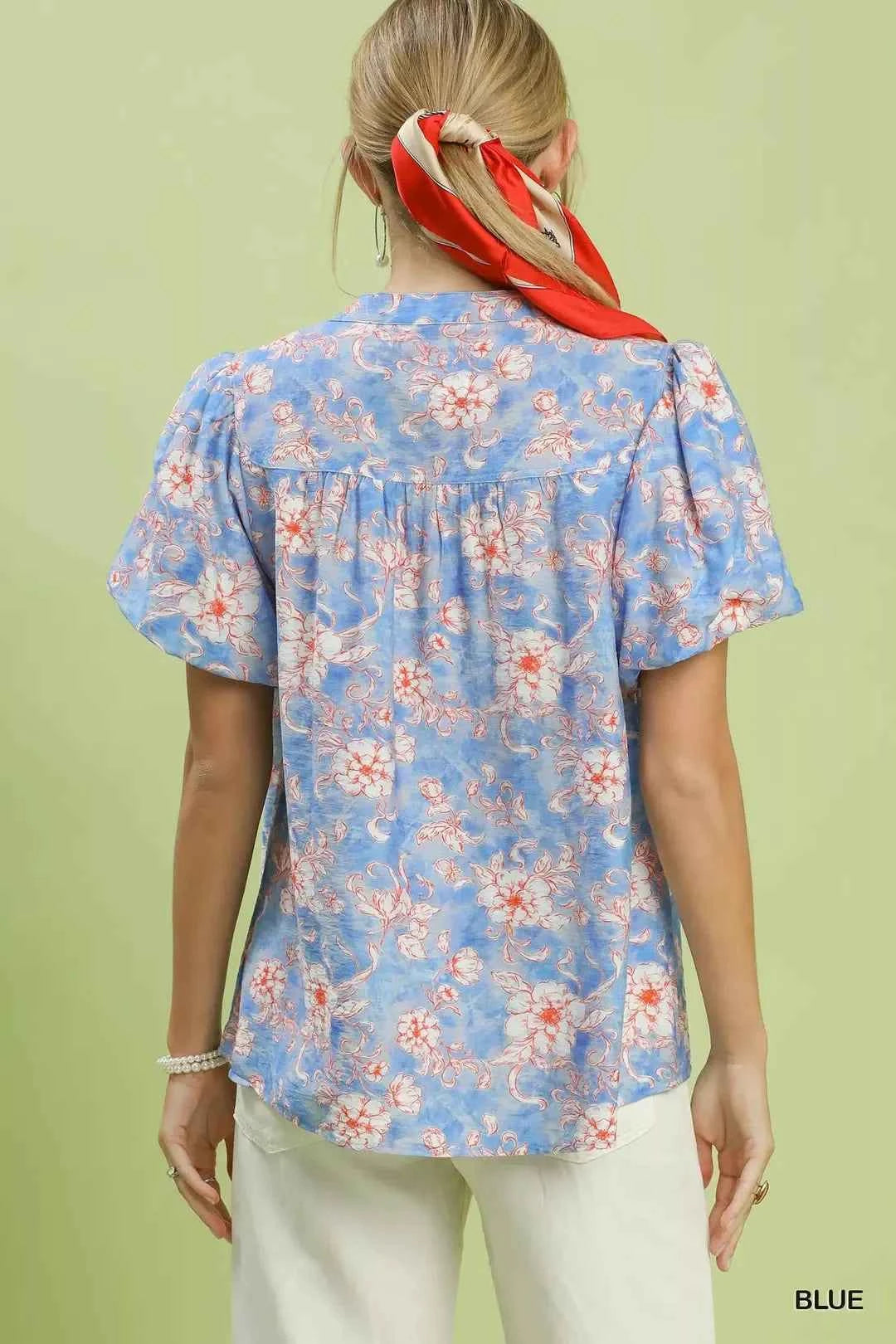 Blue Floral Button-Front Short Sleeve Blouse by Umgee Back View