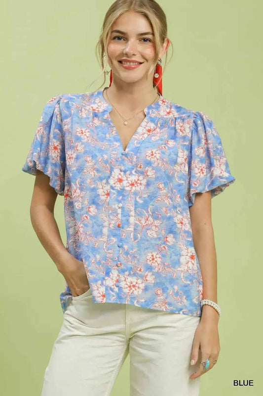 Blue Floral Button-Front Short Sleeve Blouse by Umgee Front View
