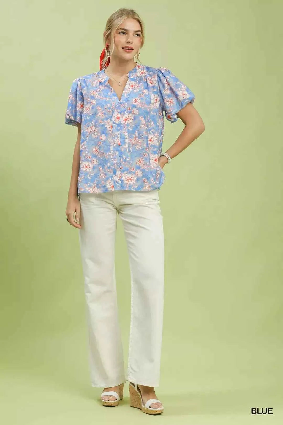Blue Floral Button-Front Short Sleeve Blouse by Umgee Full View