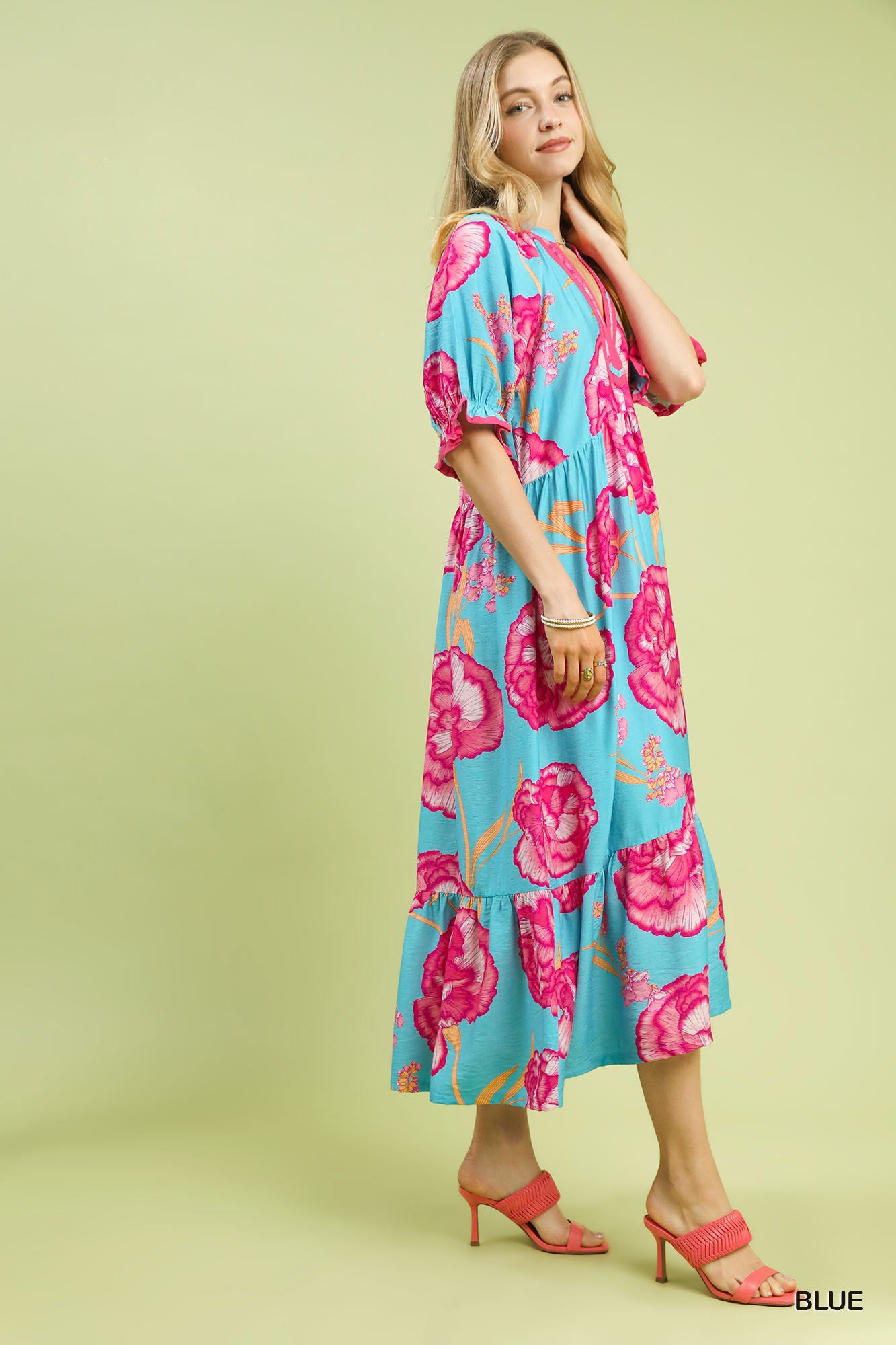 Blue Floral Print Midi Dress with Contrast Trim by Umgee Side View