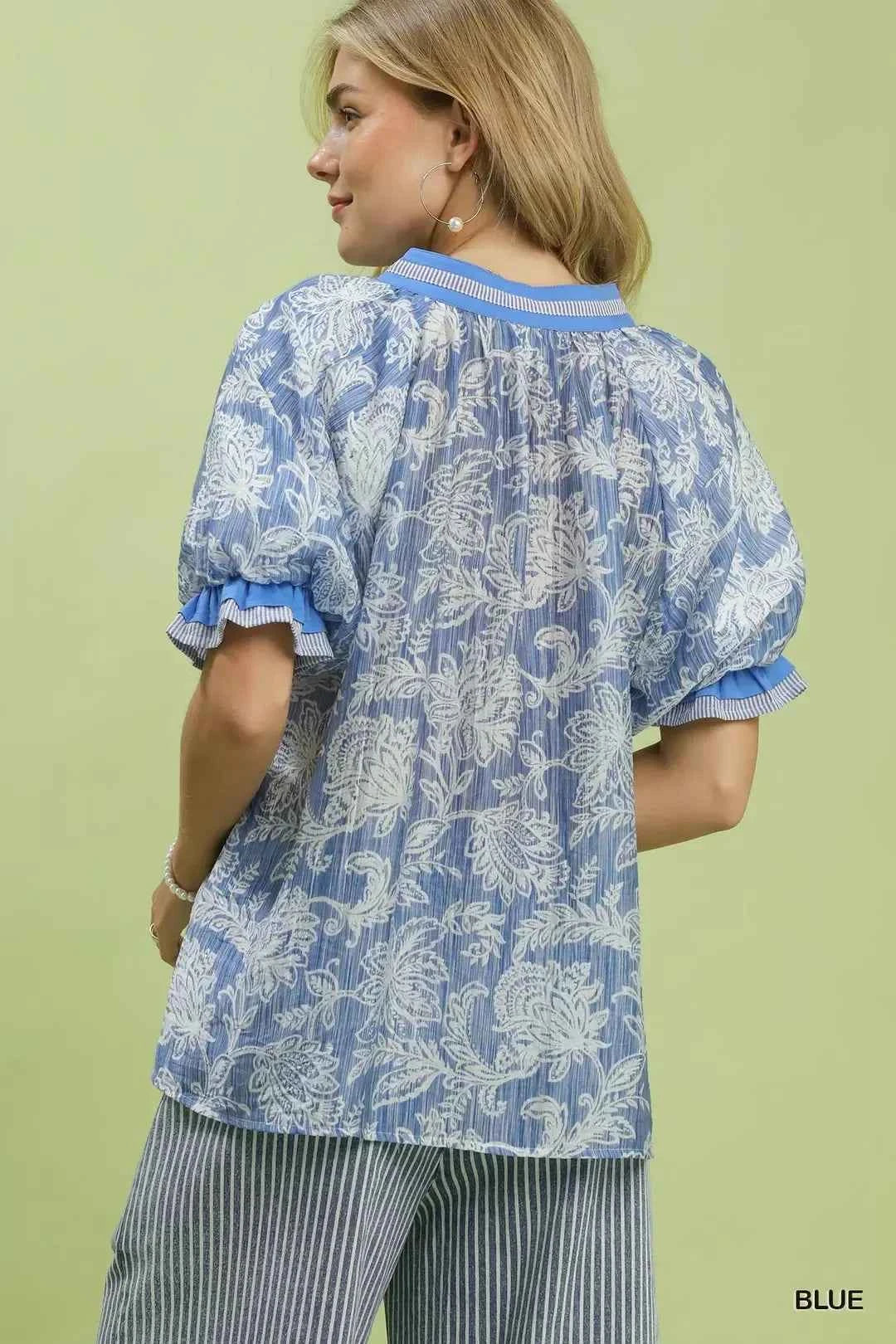 Blue Floral Print Puff Sleeve Top by Umgee Back View