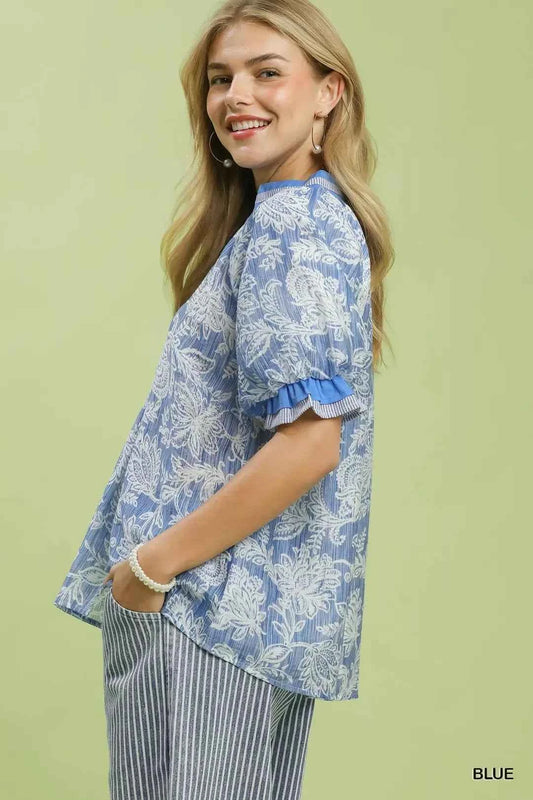 Blue Floral Print Puff Sleeve Top by Umgee Side View