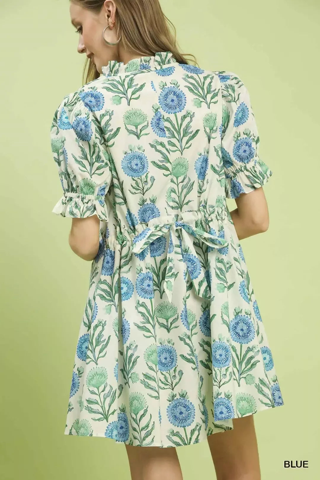 Blue Floral Puff Sleeve Babydoll Dress with Side Pockets by Umgee Back View