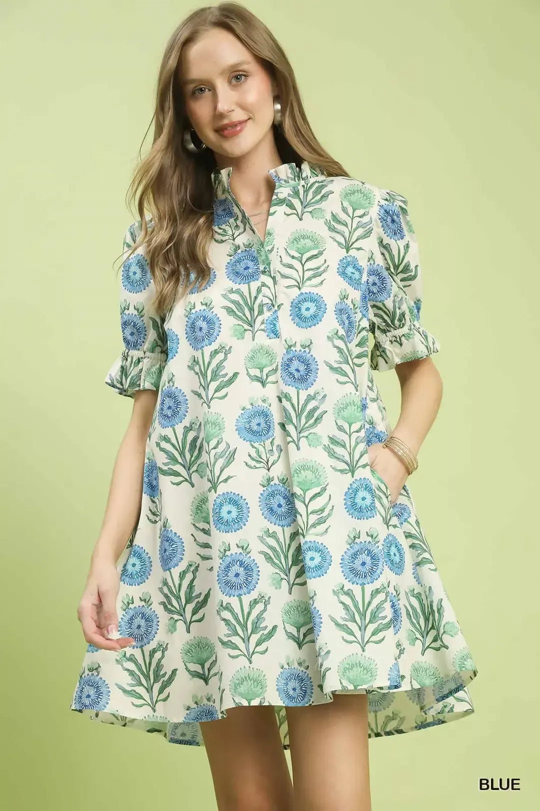 Blue Floral Puff Sleeve Babydoll Dress with Side Pockets by Umgee front View