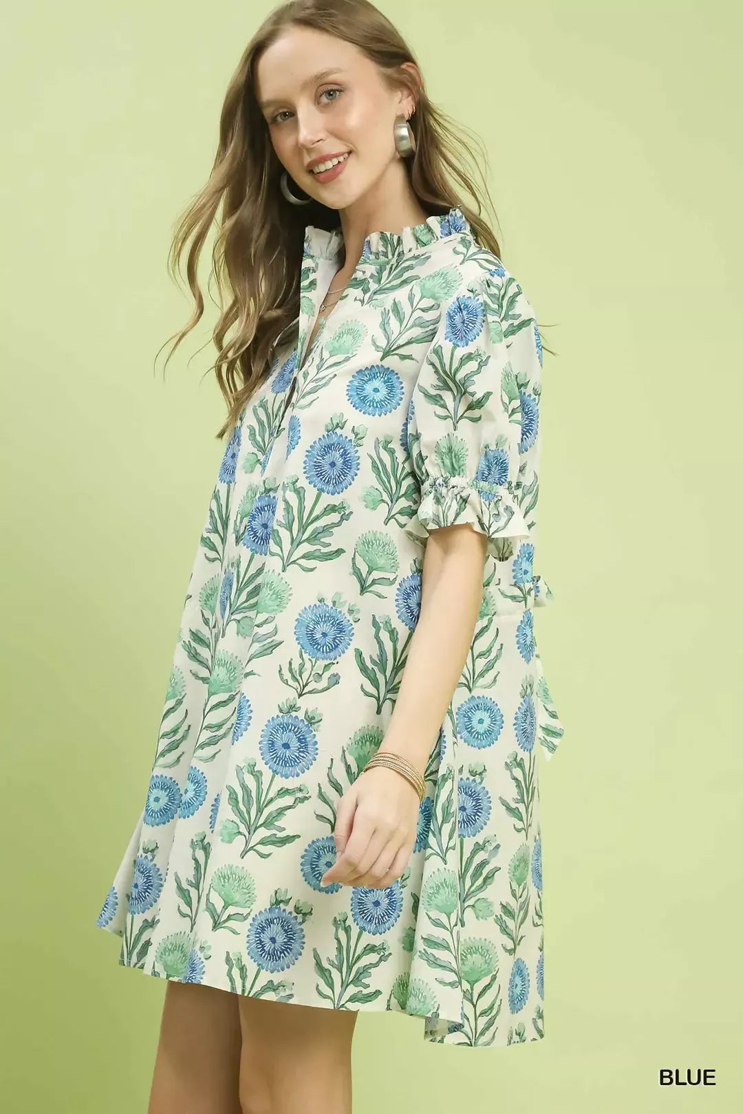 Blue Floral Puff Sleeve Babydoll Dress with Side Pockets by Umgee Side View