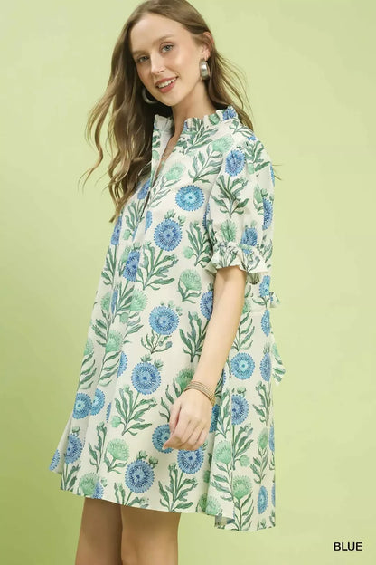 Blue Floral Puff Sleeve Babydoll Dress with Side Pockets by Umgee Side View