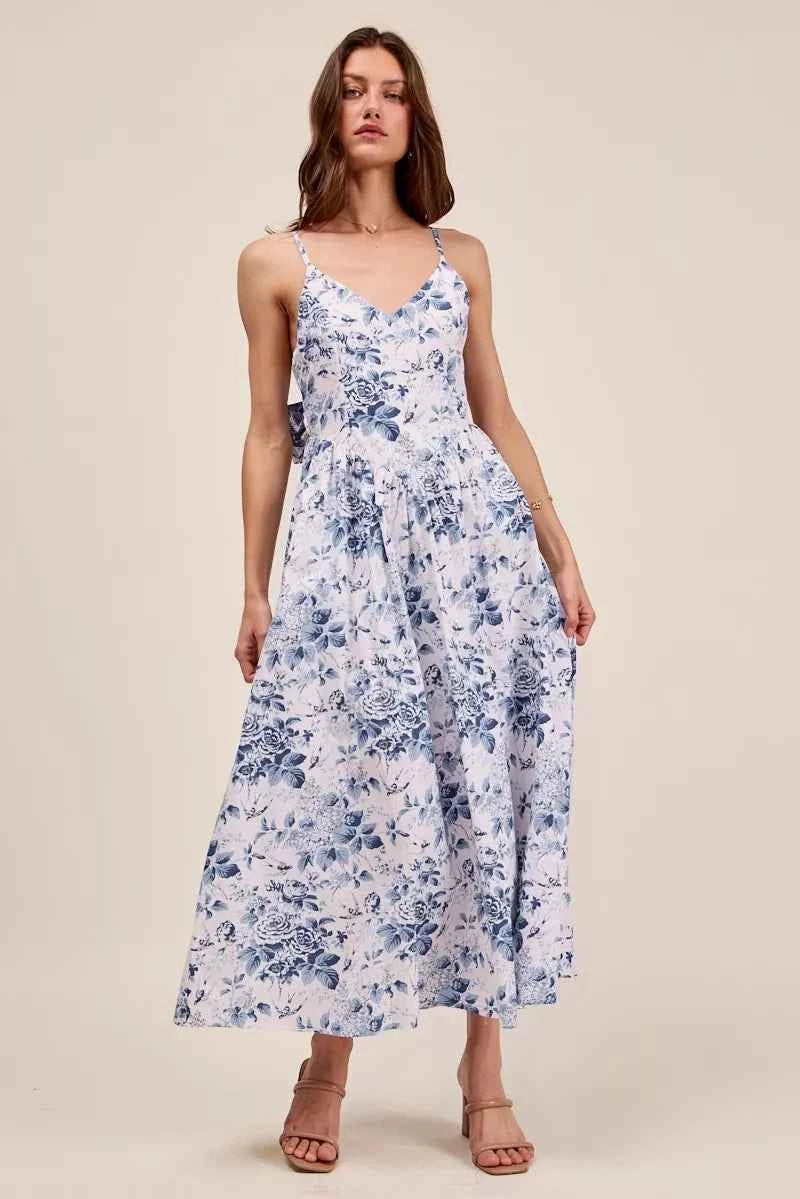 Blue Floral Woven V-Neck Maxi Dress With Back Ribbon Tie by SO ME Front View