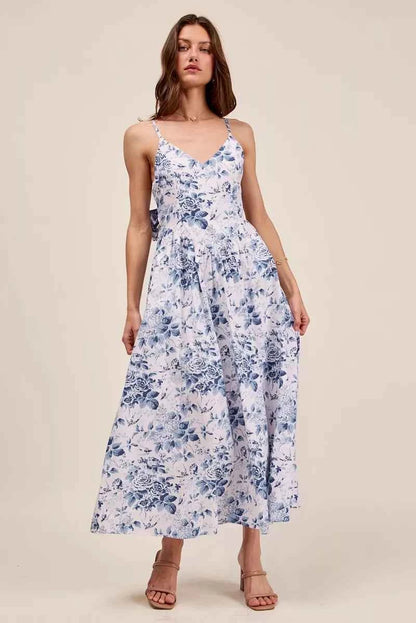 Blue Floral Woven V-Neck Maxi Dress With Back Ribbon Tie by SO ME Front View