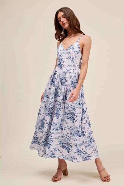 Blue Floral Woven V-Neck Maxi Dress With Back Ribbon Tie by SO ME Side View
