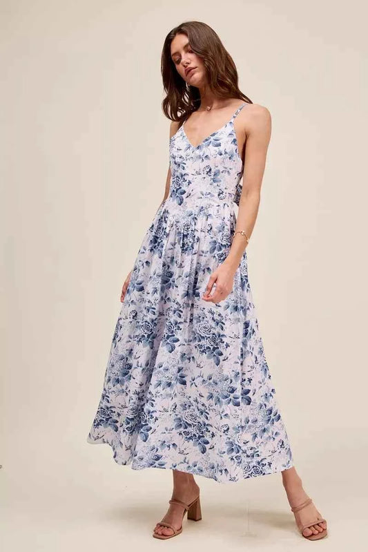 Blue Floral Woven V-Neck Maxi Dress With Back Ribbon Tie by SO ME Side View