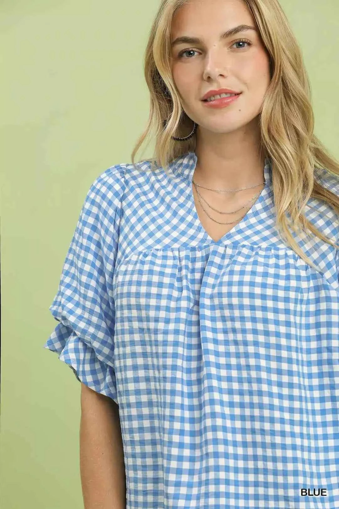 Blue Gingham Check Blouse with Ruffle Sleeves by Umgee