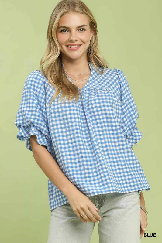 Blue Gingham Check Blouse with Ruffle Sleeves by Umgee