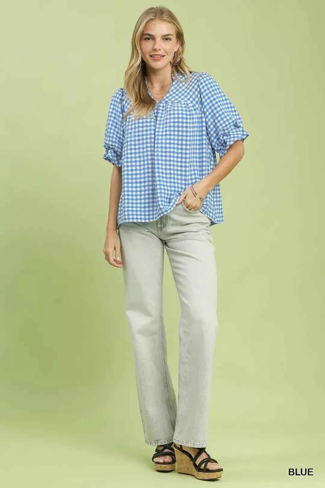 Blue Gingham Check Blouse with Ruffle Sleeves by Umgee