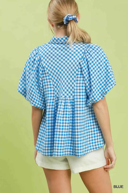 Blue Gingham Smocked Yoke Puff Sleeve Blouse by Umgee