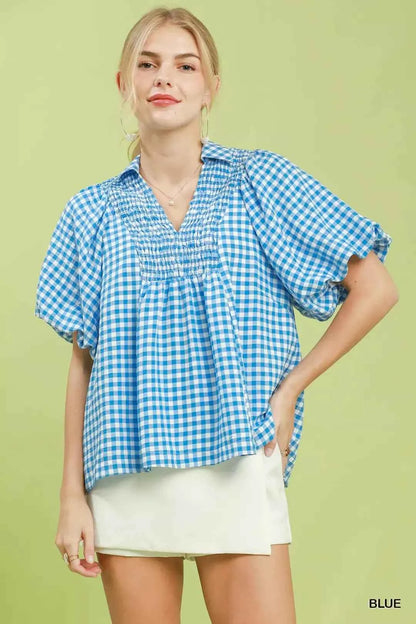Blue Gingham Smocked Yoke Puff Sleeve Blouse by Umgee