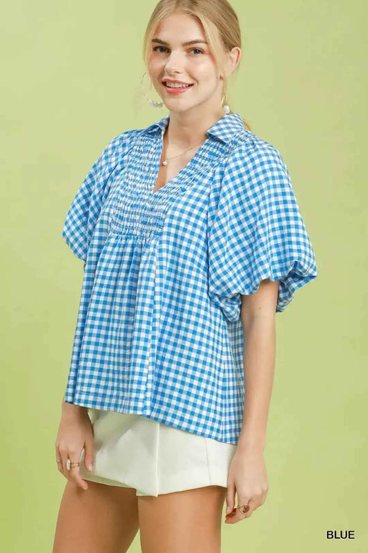 Blue Gingham Smocked Yoke Puff Sleeve Blouse by Umgee