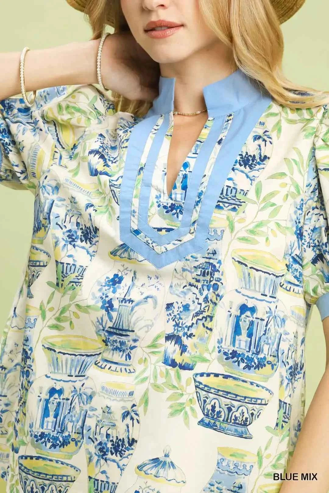 Blue Mix Abstract Print V-Neck Top by Umgee