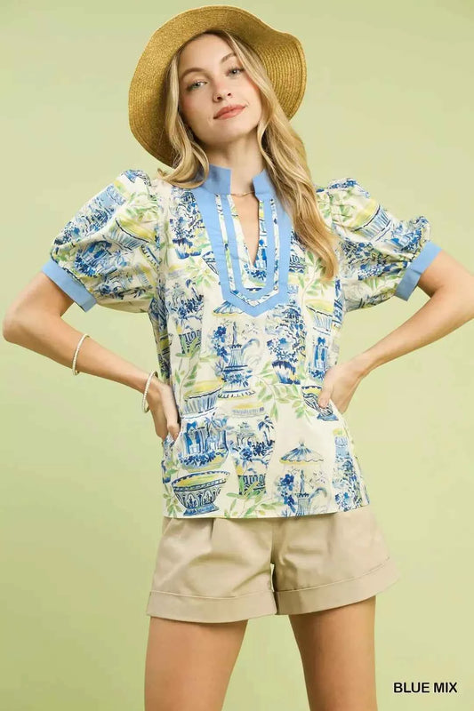 Blue Mix Abstract Print V-Neck Top by Umgee