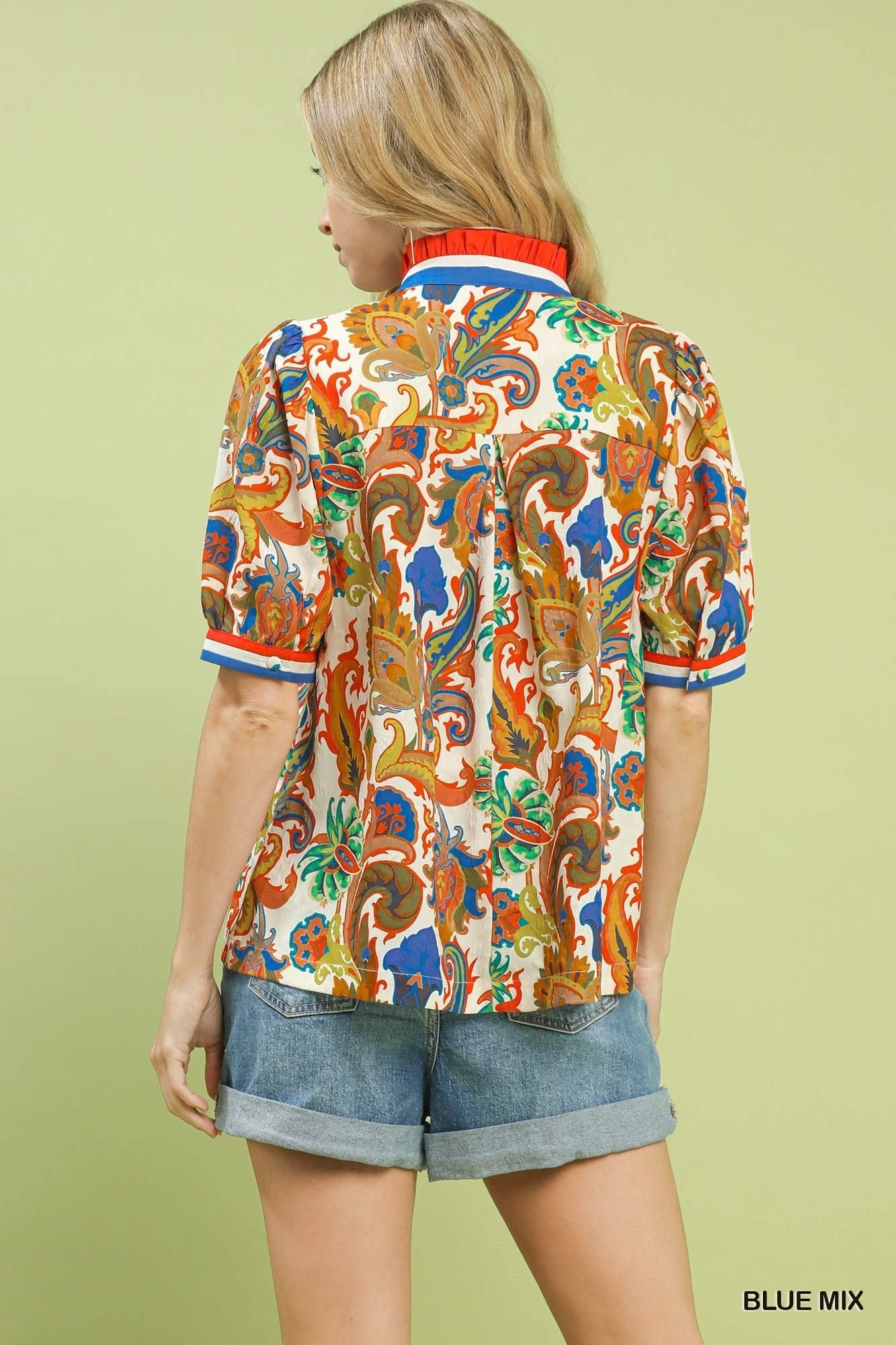 Blue Mix Boho Paisley Jacquard Abstract Print Top by Umgee Back View