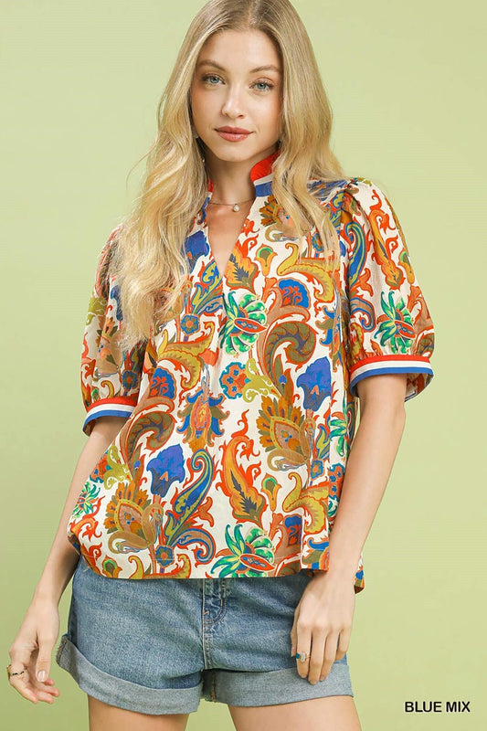Blue Mix Boho Paisley Jacquard Abstract Print Top by Umgee front View