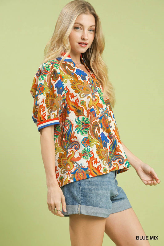 Blue Mix Boho Paisley Jacquard Abstract Print Top by Umgee Side View