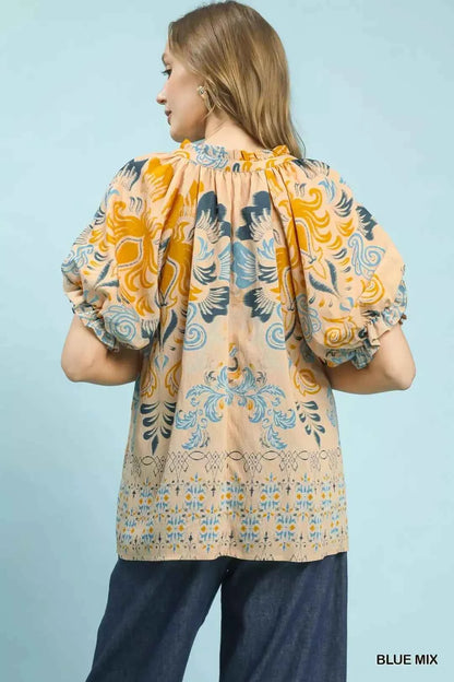 Blue Mix Embroidered Border Print Puff Sleeve Blouse by Umgee