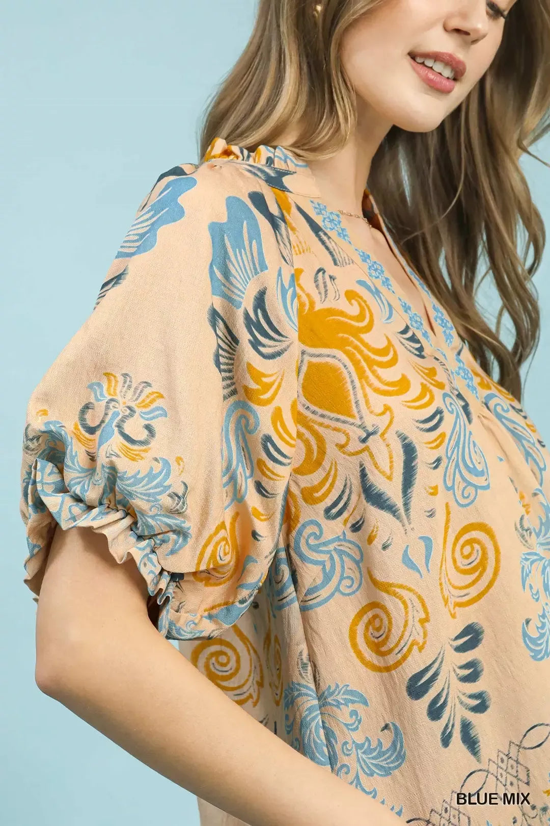 Blue Mix Embroidered Border Print Puff Sleeve Blouse by Umgee Close View