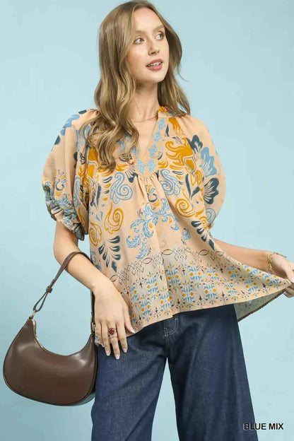 Blue Mix Embroidered Border Print Puff Sleeve Blouse by Umgee