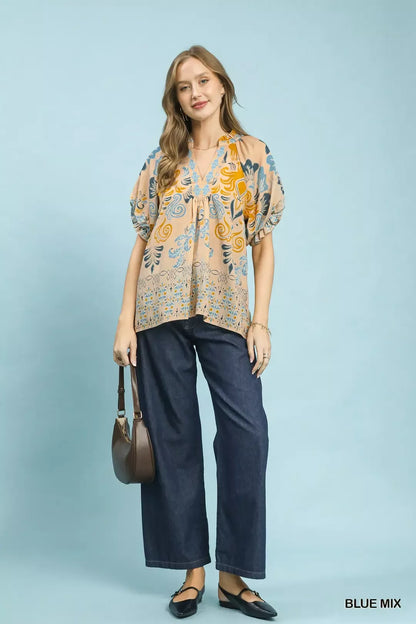 Blue Mix Embroidered Border Print Puff Sleeve Blouse by Umgee Full View